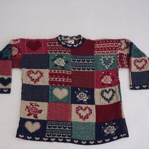Vintage Maggie Lawrence Patchwork Heart Rose Sweater Tunic Long Sleeve XL